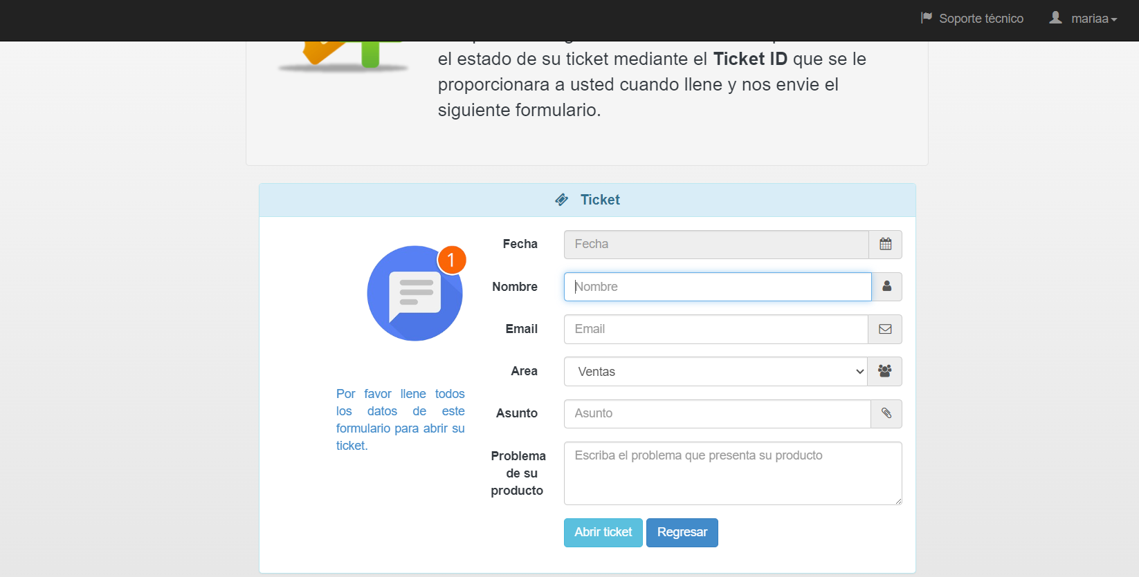 Pantalla de creación de ticket